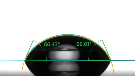 Figure 3: The sessile drop method in practice: here a software image with detected baseline, drop outline and contact angles